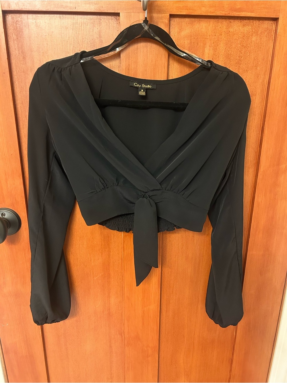 City Studio Black Long-Sleeve Tie-Front Crop Top